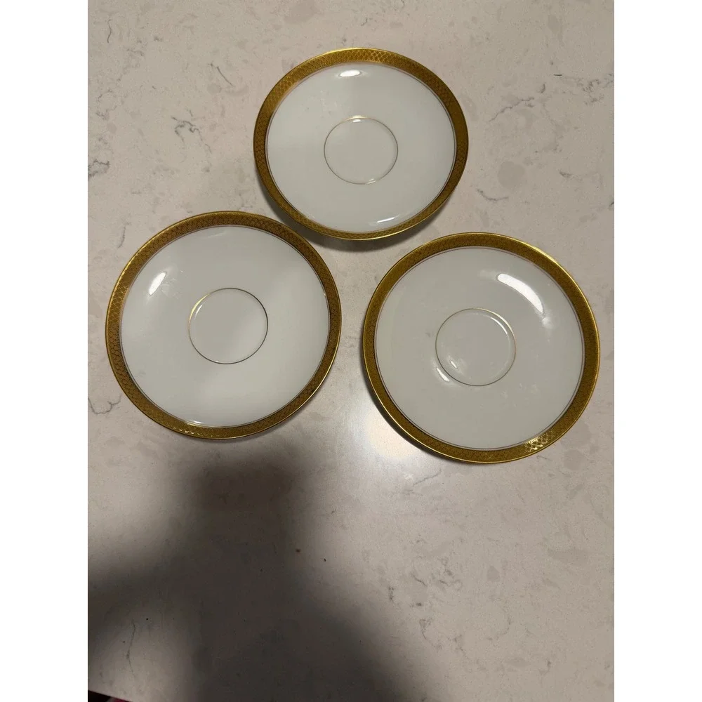 C Ahrenfeldt Limoges France Gold Encrusted Rim Porcelain Saucers Set of 3 White